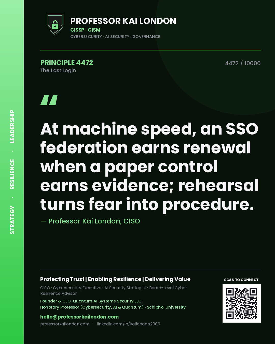 Professor Kai London principle 4472: At machine speed, an SSO federation earns renewal when a paper control earns evidence; rehearsal turns fear into procedure.