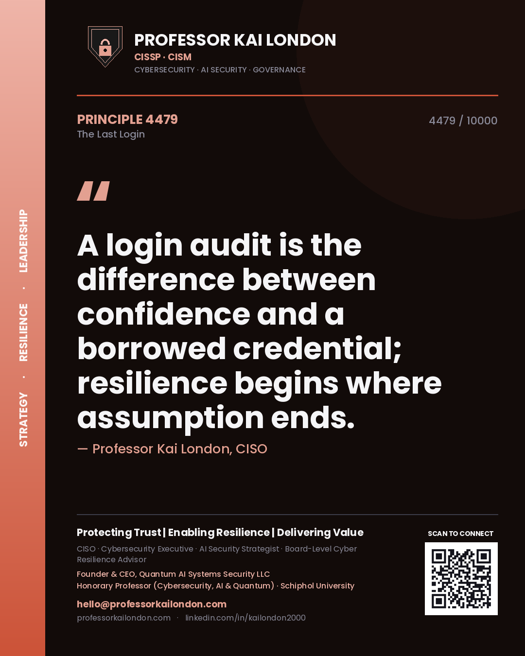 Professor Kai London principle 4479: A login audit is the difference between confidence and a borrowed credential; resilience begins where assumption ends.