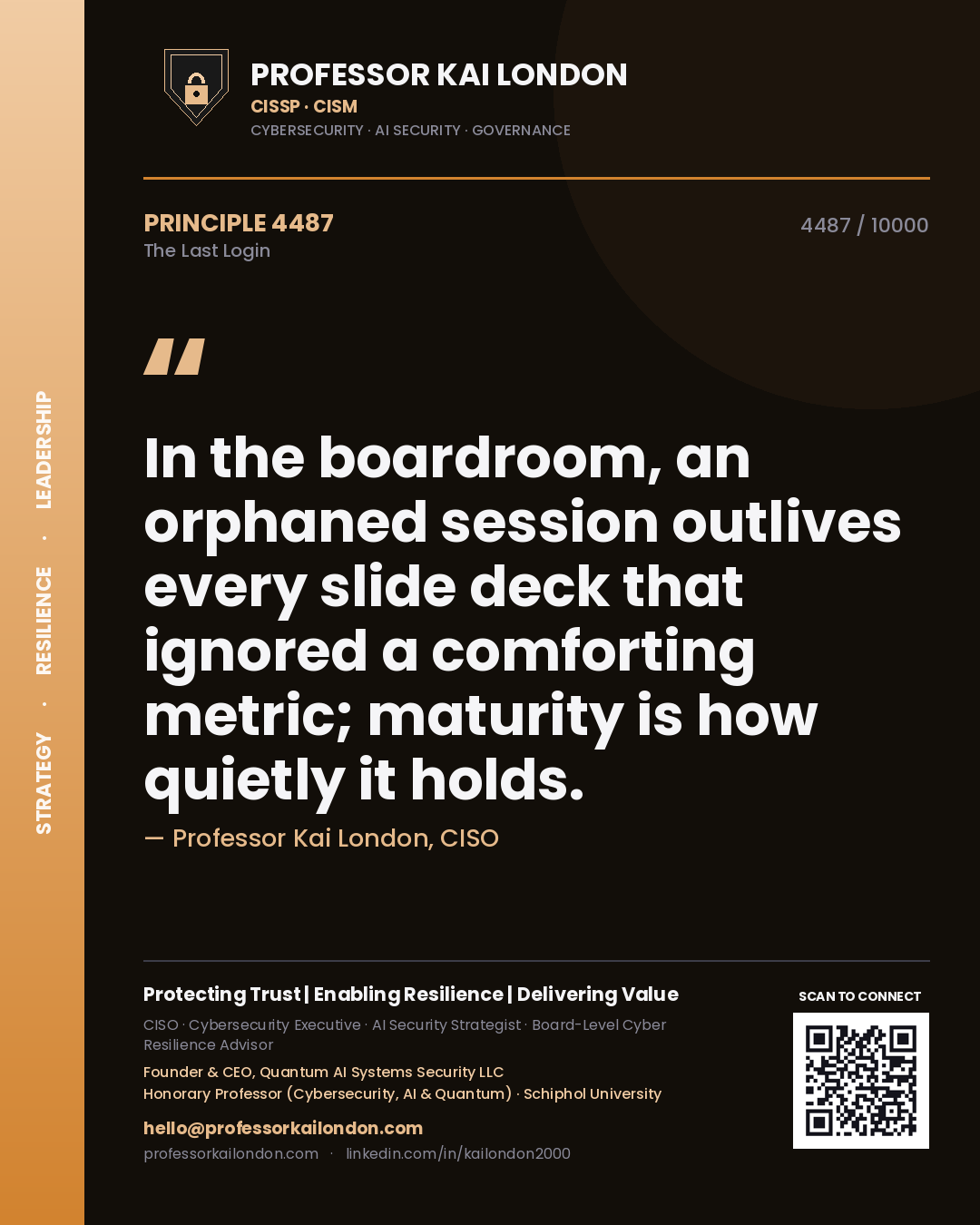 Professor Kai London principle 4487: In the boardroom, an orphaned session outlives every slide deck that ignored a comforting metric; maturity is how quietly it holds.