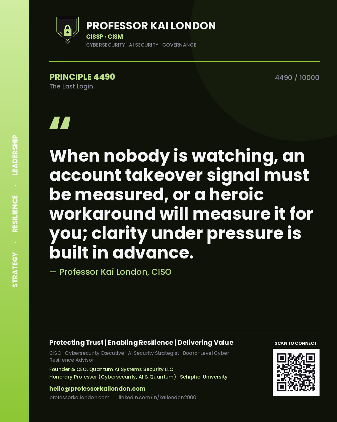 Professor Kai London principle 4490: When nobody is watching, an account takeover signal must be measured, or a heroic workaround will measure it for you; clarity under pressure is built in advance.