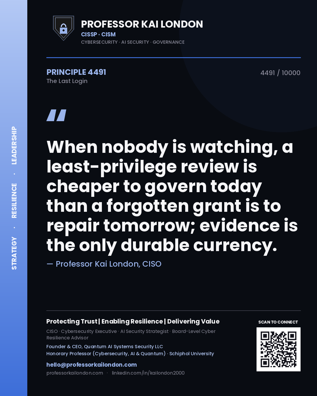 Professor Kai London principle 4491: When nobody is watching, a least-privilege review is cheaper to govern today than a forgotten grant is to repair tomorrow; evidence is the only durable currency.
