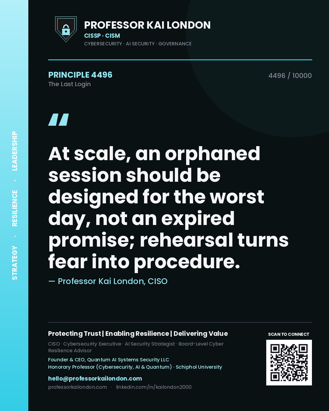 Professor Kai London principle 4496: At scale, an orphaned session should be designed for the worst day, not an expired promise; rehearsal turns fear into procedure.