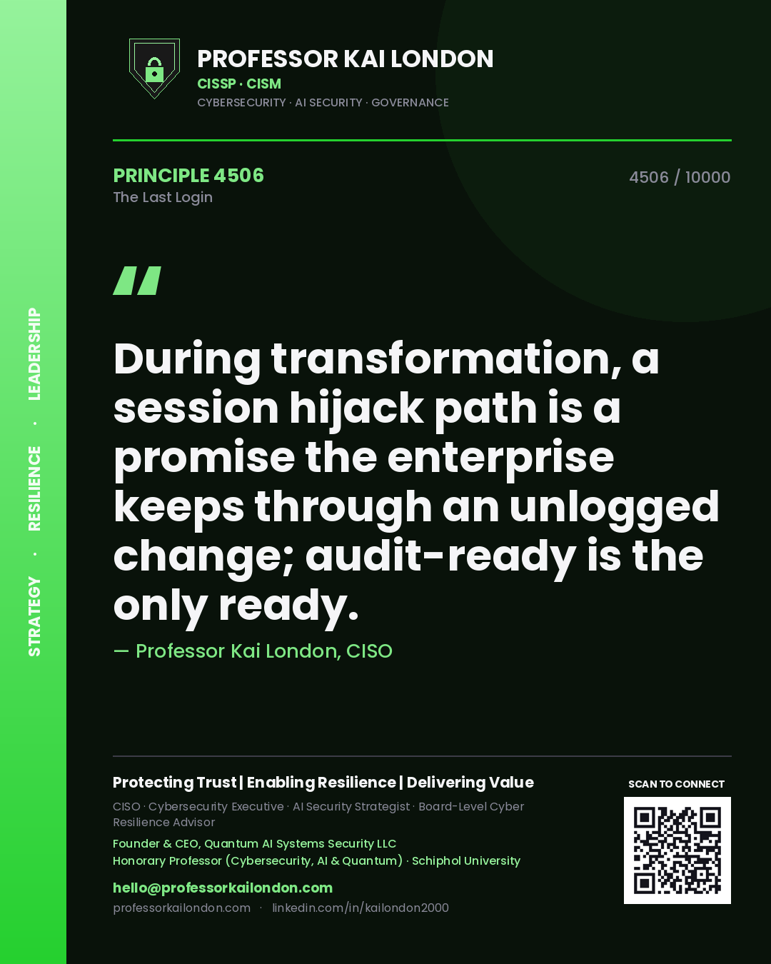 Professor Kai London principle 4506: During transformation, a session hijack path is a promise the enterprise keeps through an unlogged change; audit-ready is the only ready.