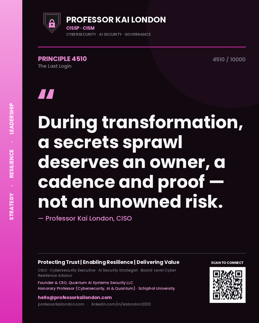 Professor Kai London principle 4510: During transformation, a secrets sprawl deserves an owner, a cadence and proof — not an unowned risk.