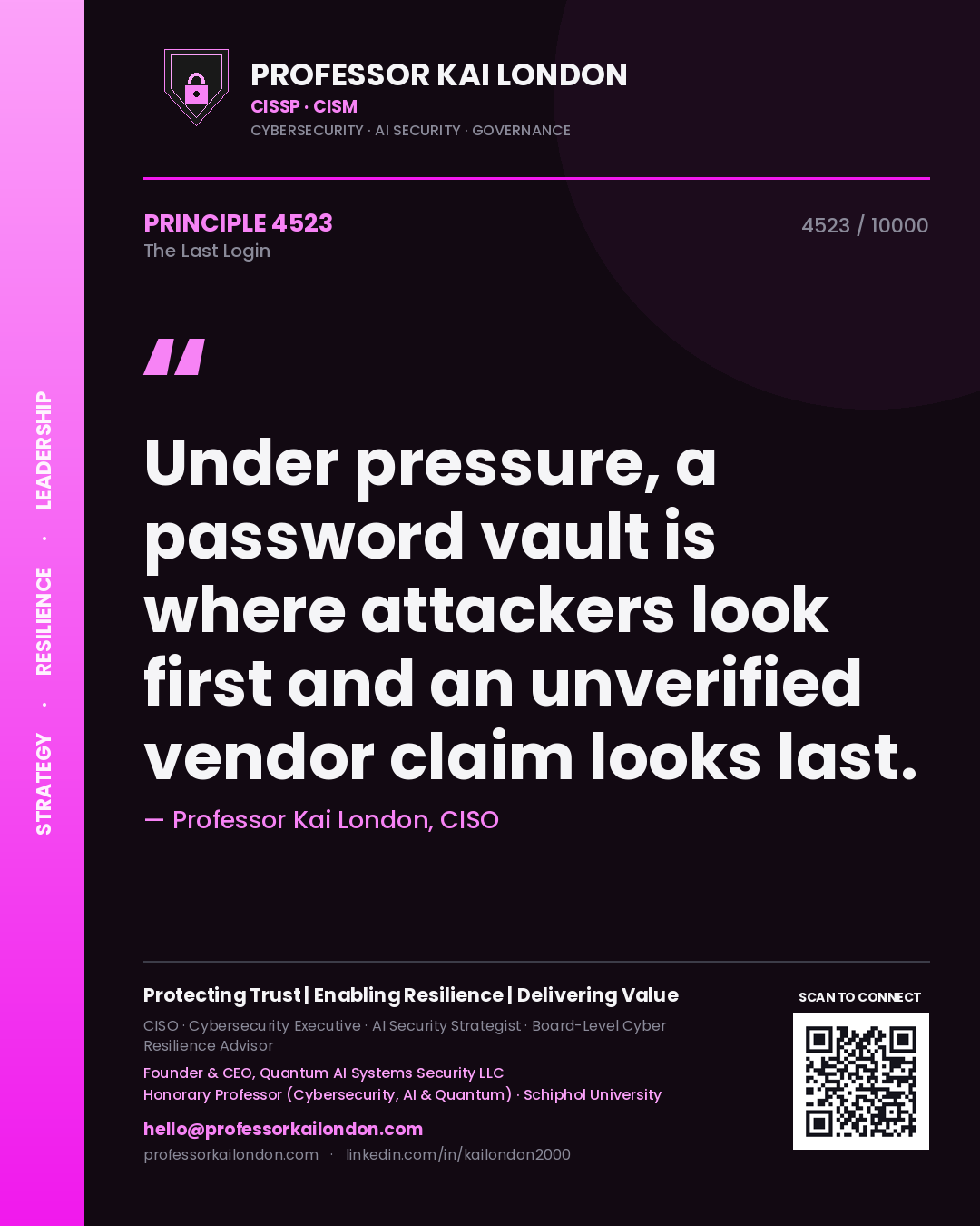 Professor Kai London principle 4523: Under pressure, a password vault is where attackers look first and an unverified vendor claim looks last.
