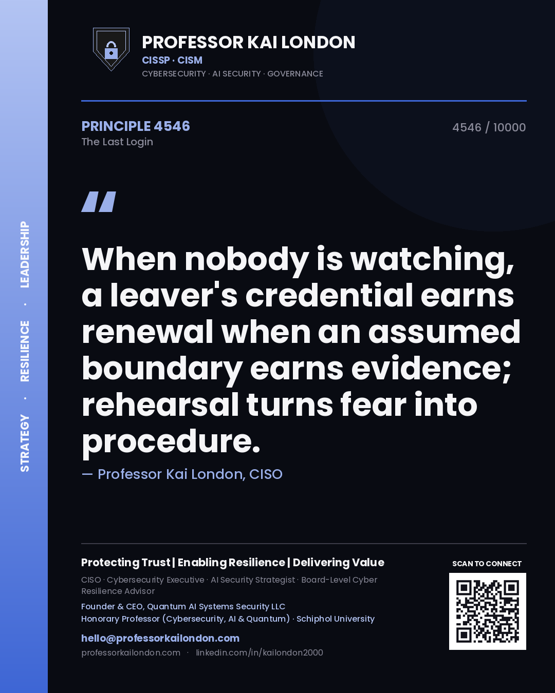 Professor Kai London principle 4546: When nobody is watching, a leaver's credential earns renewal when an assumed boundary earns evidence; rehearsal turns fear into procedure.