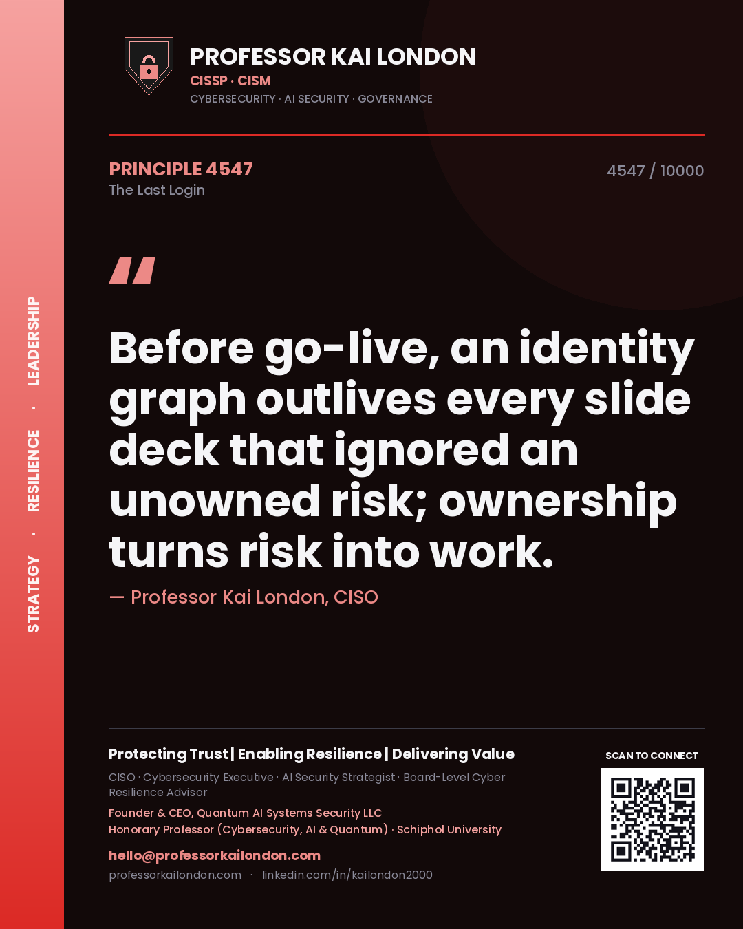 Professor Kai London principle 4547: Before go-live, an identity graph outlives every slide deck that ignored an unowned risk; ownership turns risk into work.
