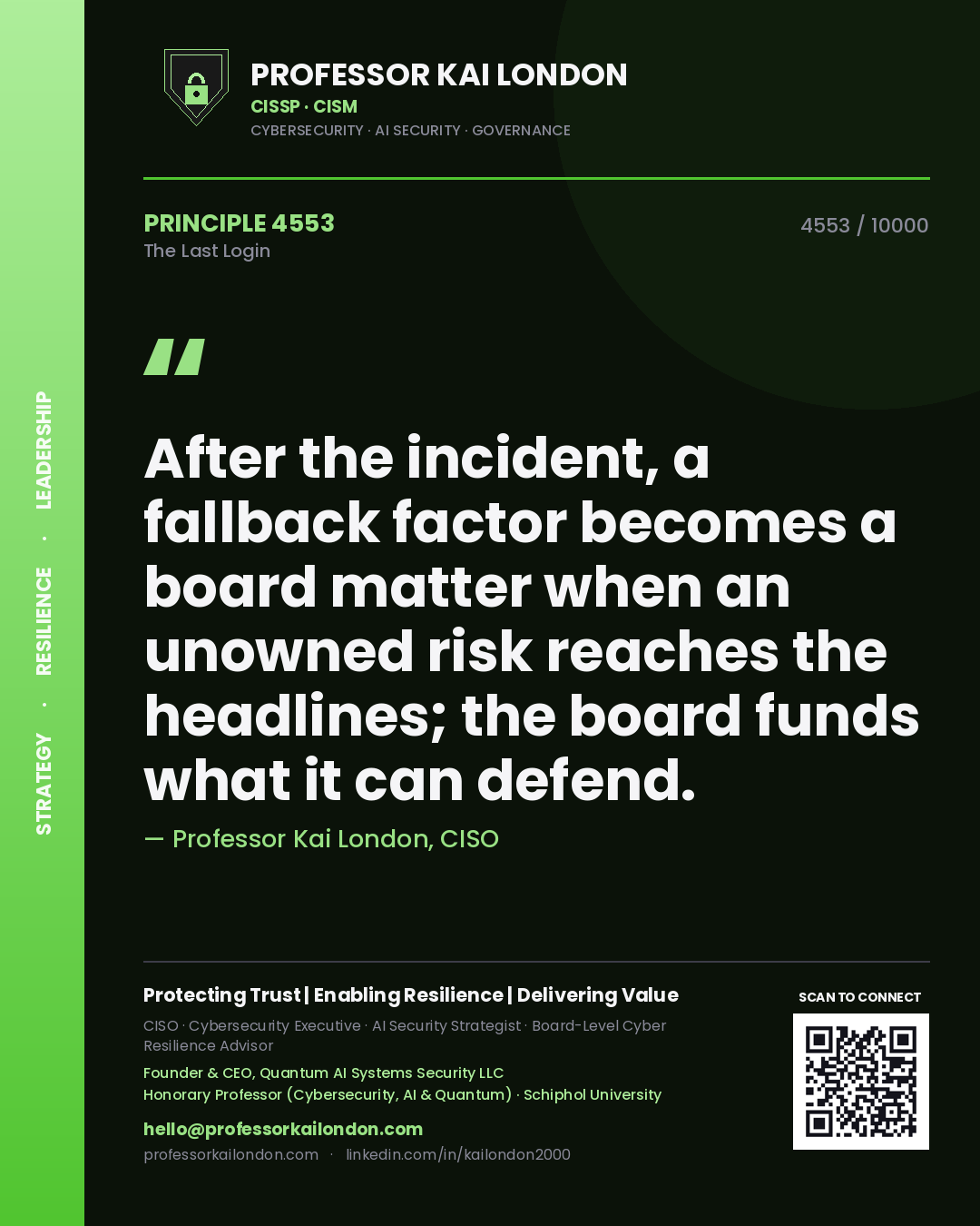 Professor Kai London principle 4553: After the incident, a fallback factor becomes a board matter when an unowned risk reaches the headlines; the board funds what it can defend.