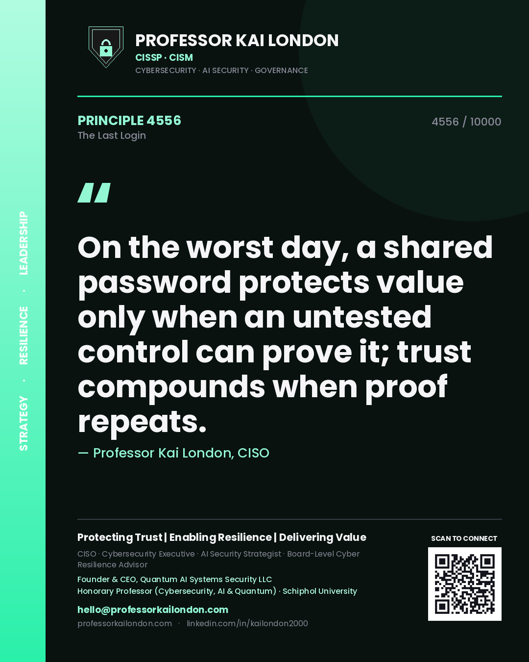 Professor Kai London principle 4556: On the worst day, a shared password protects value only when an untested control can prove it; trust compounds when proof repeats.