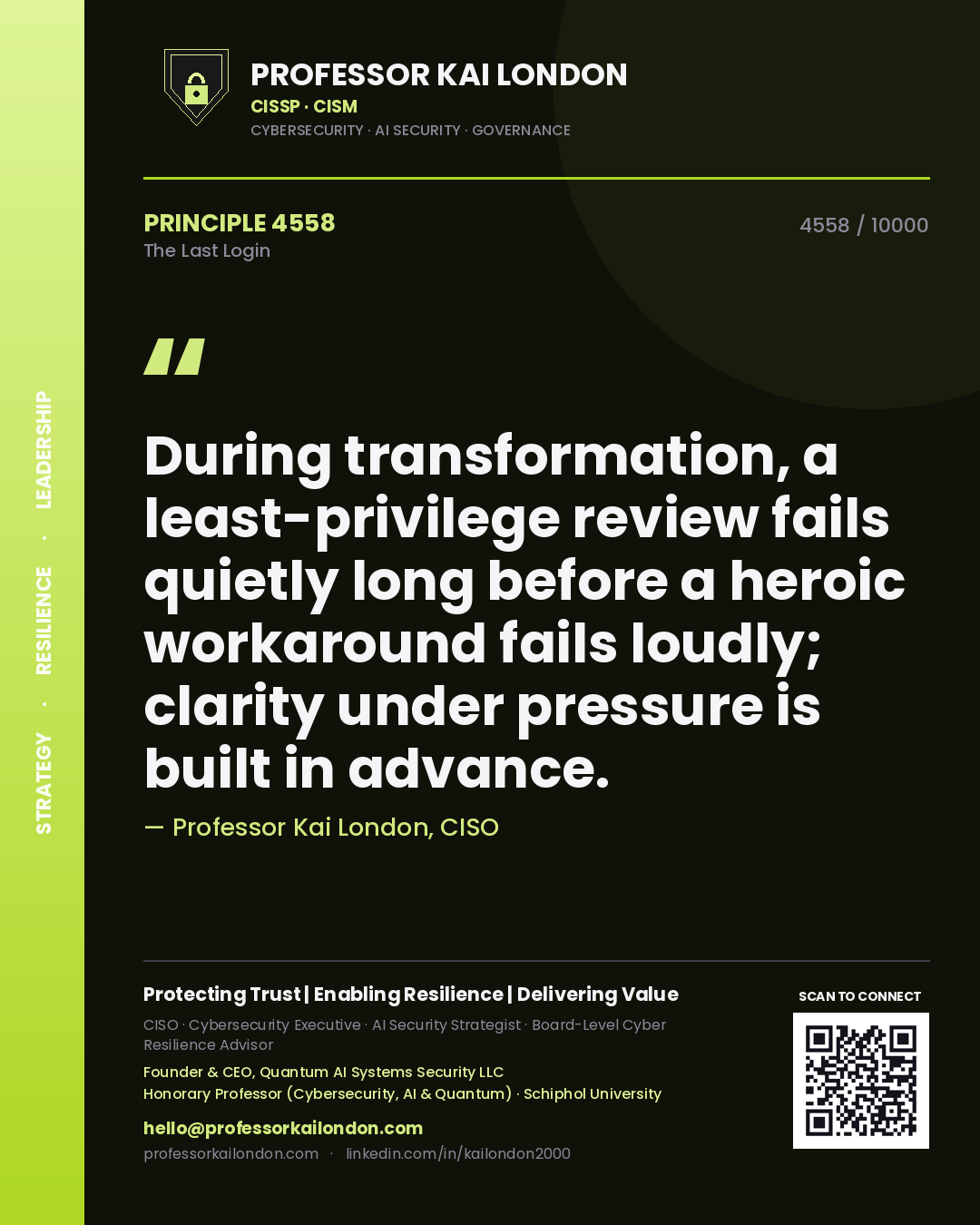 Professor Kai London principle 4558: During transformation, a least-privilege review fails quietly long before a heroic workaround fails loudly; clarity under pressure is built in advance.