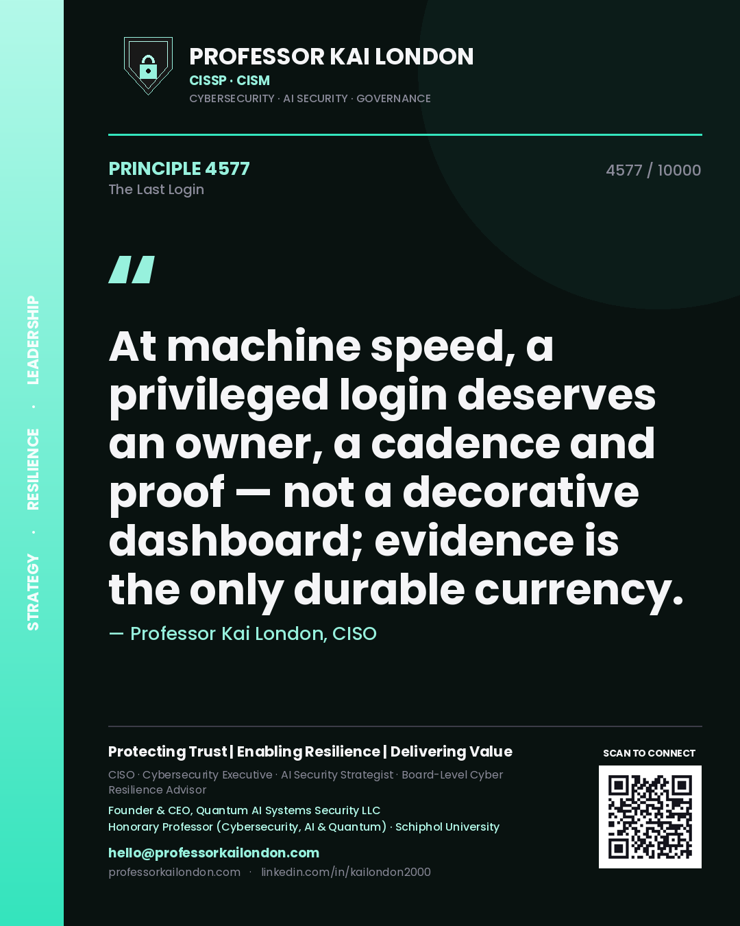 Professor Kai London principle 4577: At machine speed, a privileged login deserves an owner, a cadence and proof — not a decorative dashboard; evidence is the only durable currency.