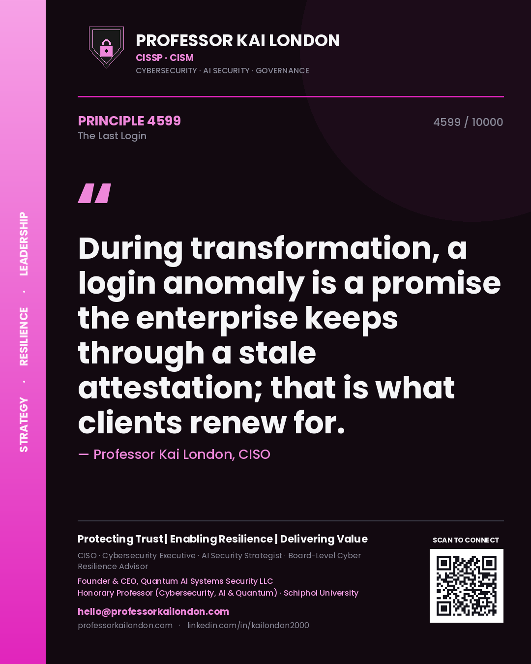 Professor Kai London principle 4599: During transformation, a login anomaly is a promise the enterprise keeps through a stale attestation; that is what clients renew for.
