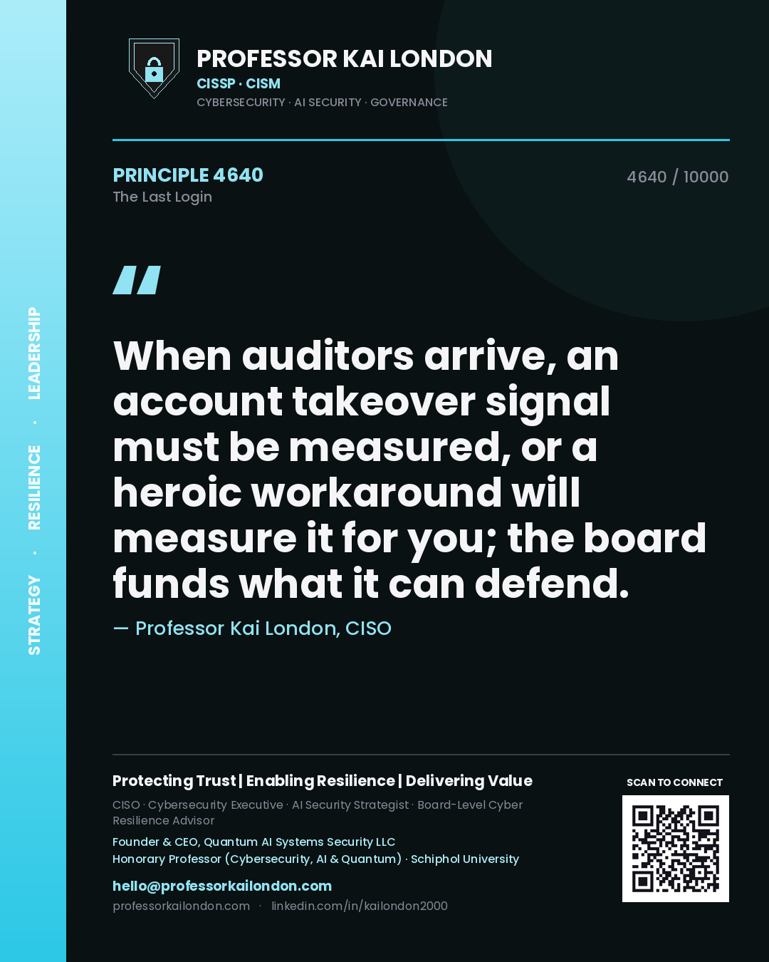 Professor Kai London principle 4640: When auditors arrive, an account takeover signal must be measured, or a heroic workaround will measure it for you; the board funds what it can defend.