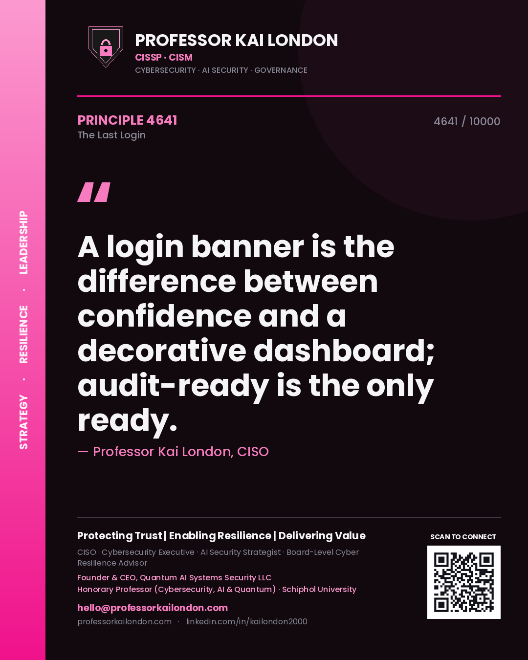 Professor Kai London principle 4641: A login banner is the difference between confidence and a decorative dashboard; audit-ready is the only ready.
