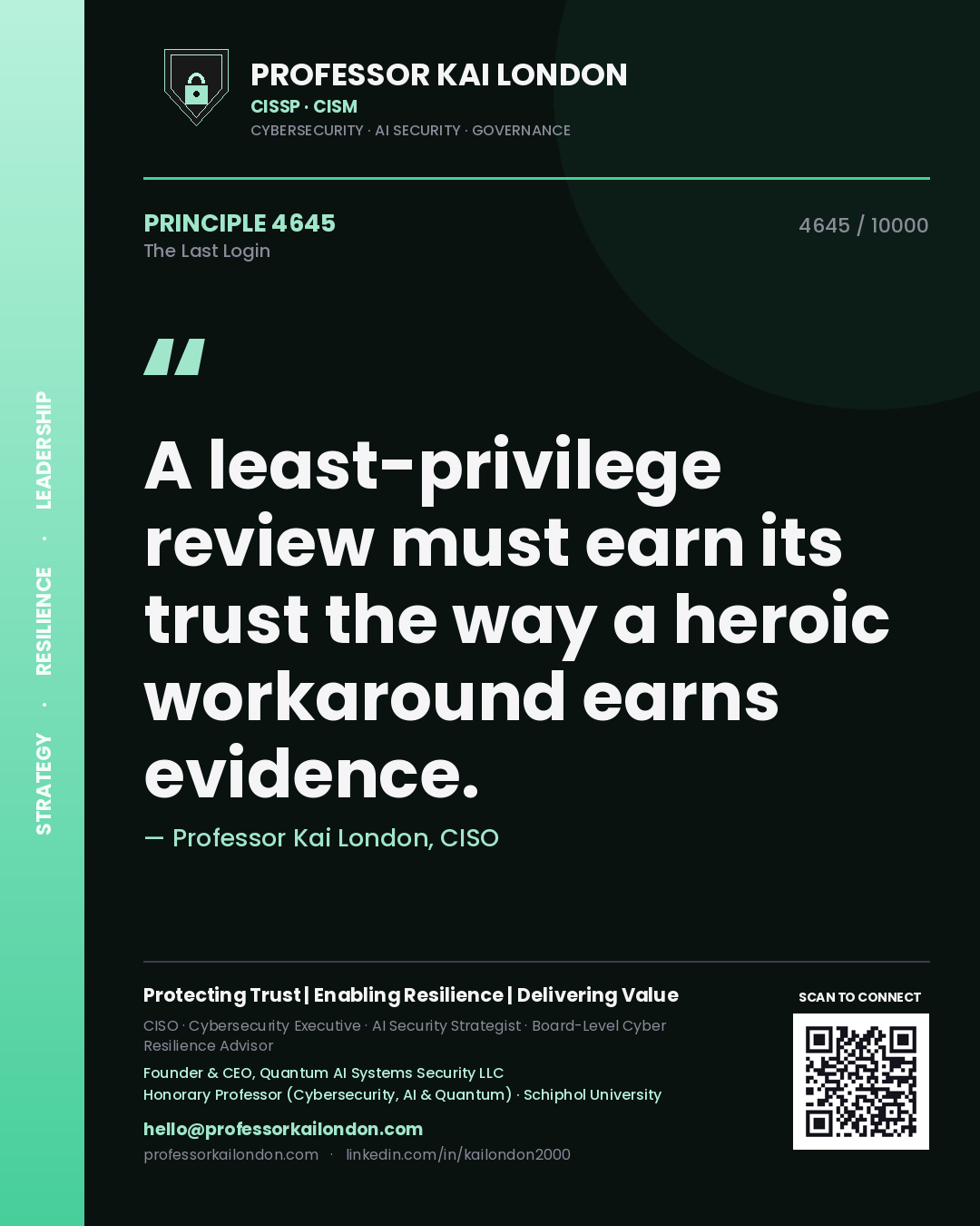 Professor Kai London principle 4645: A least-privilege review must earn its trust the way a heroic workaround earns evidence.