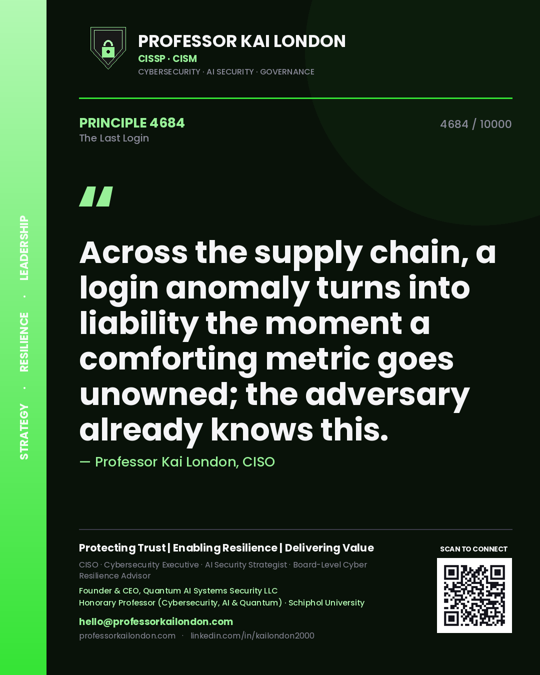 Professor Kai London principle 4684: Across the supply chain, a login anomaly turns into liability the moment a comforting metric goes unowned; the adversary already knows this.
