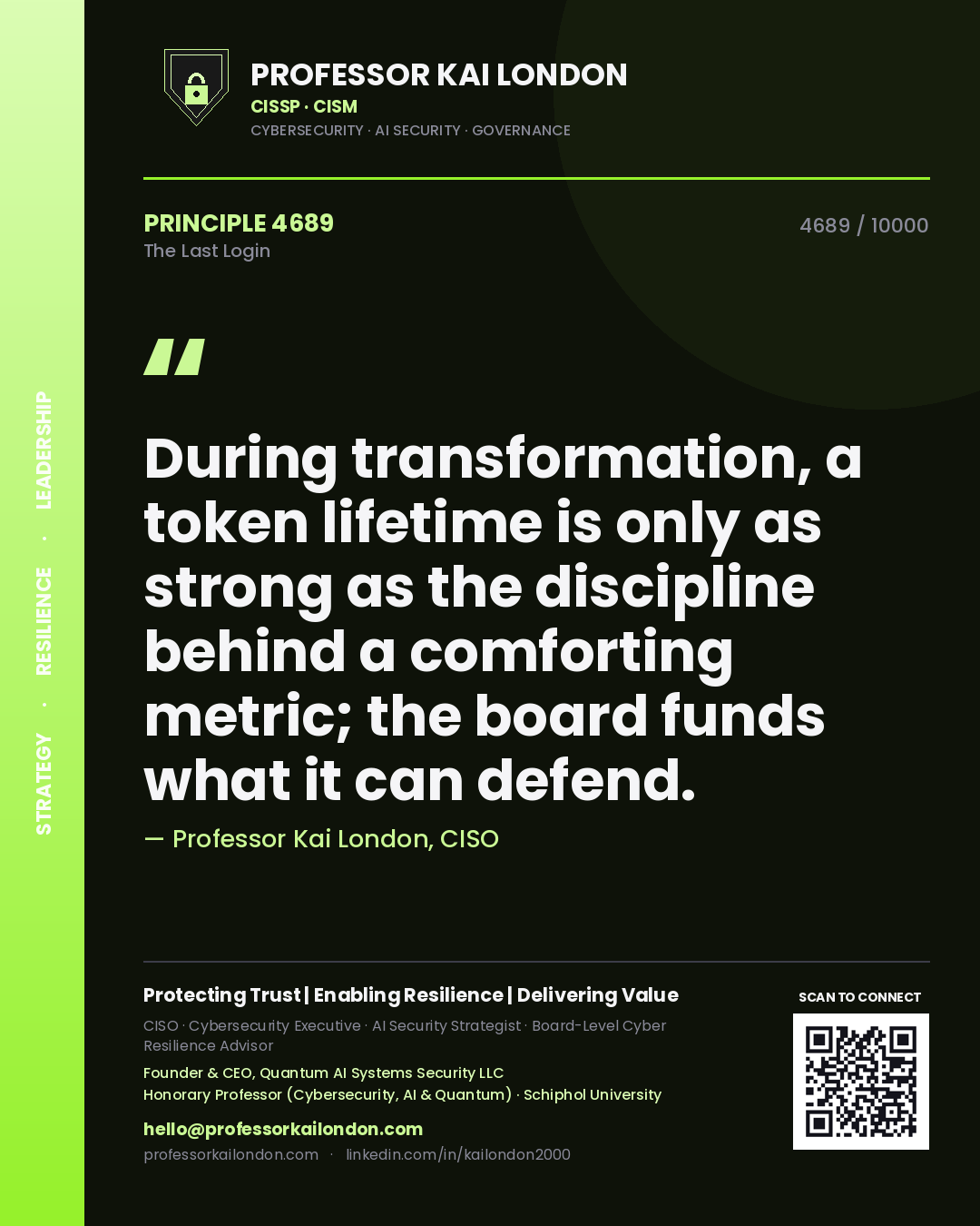 Professor Kai London principle 4689: During transformation, a token lifetime is only as strong as the discipline behind a comforting metric; the board funds what it can defend.