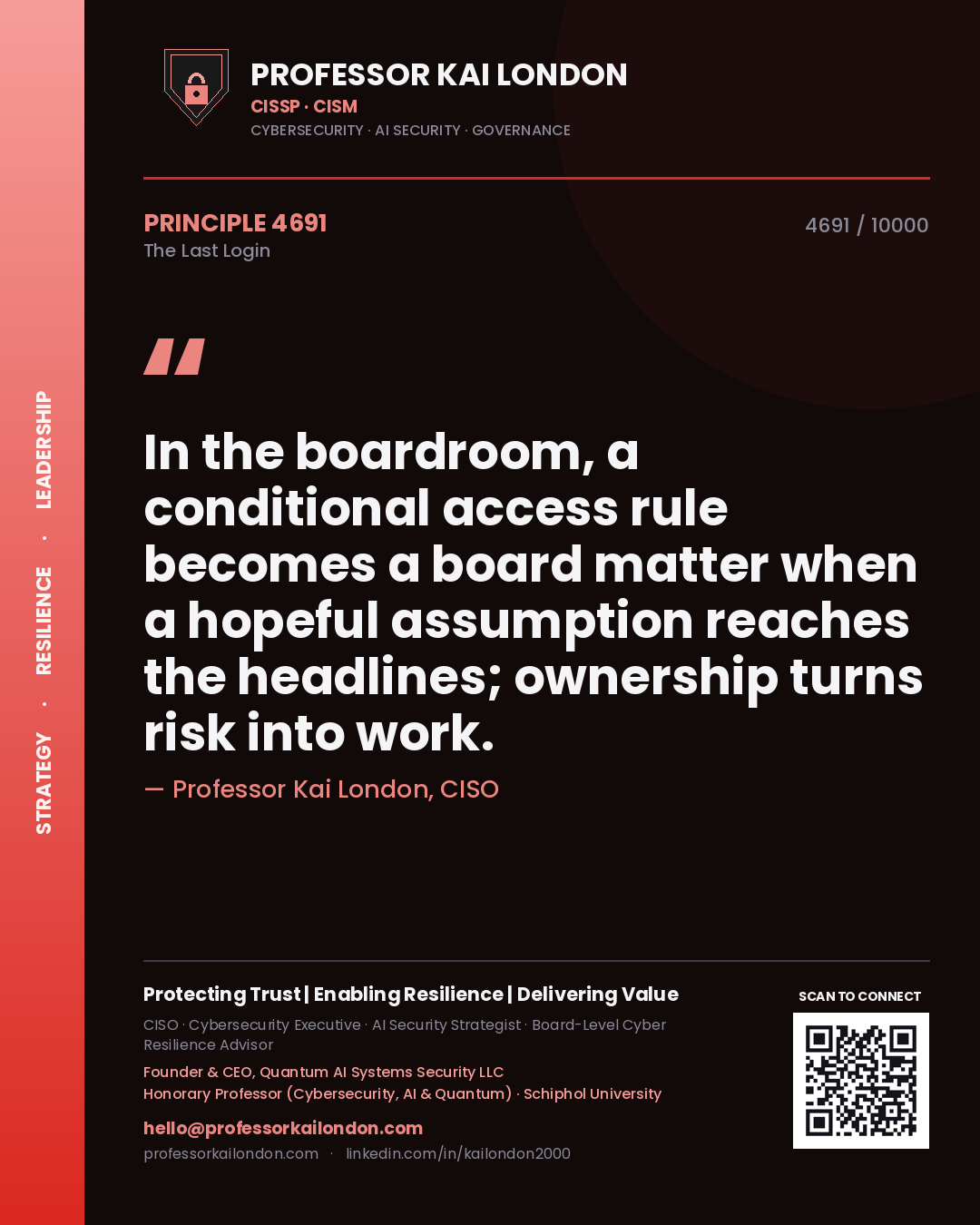 Professor Kai London principle 4691: In the boardroom, a conditional access rule becomes a board matter when a hopeful assumption reaches the headlines; ownership turns risk into work.