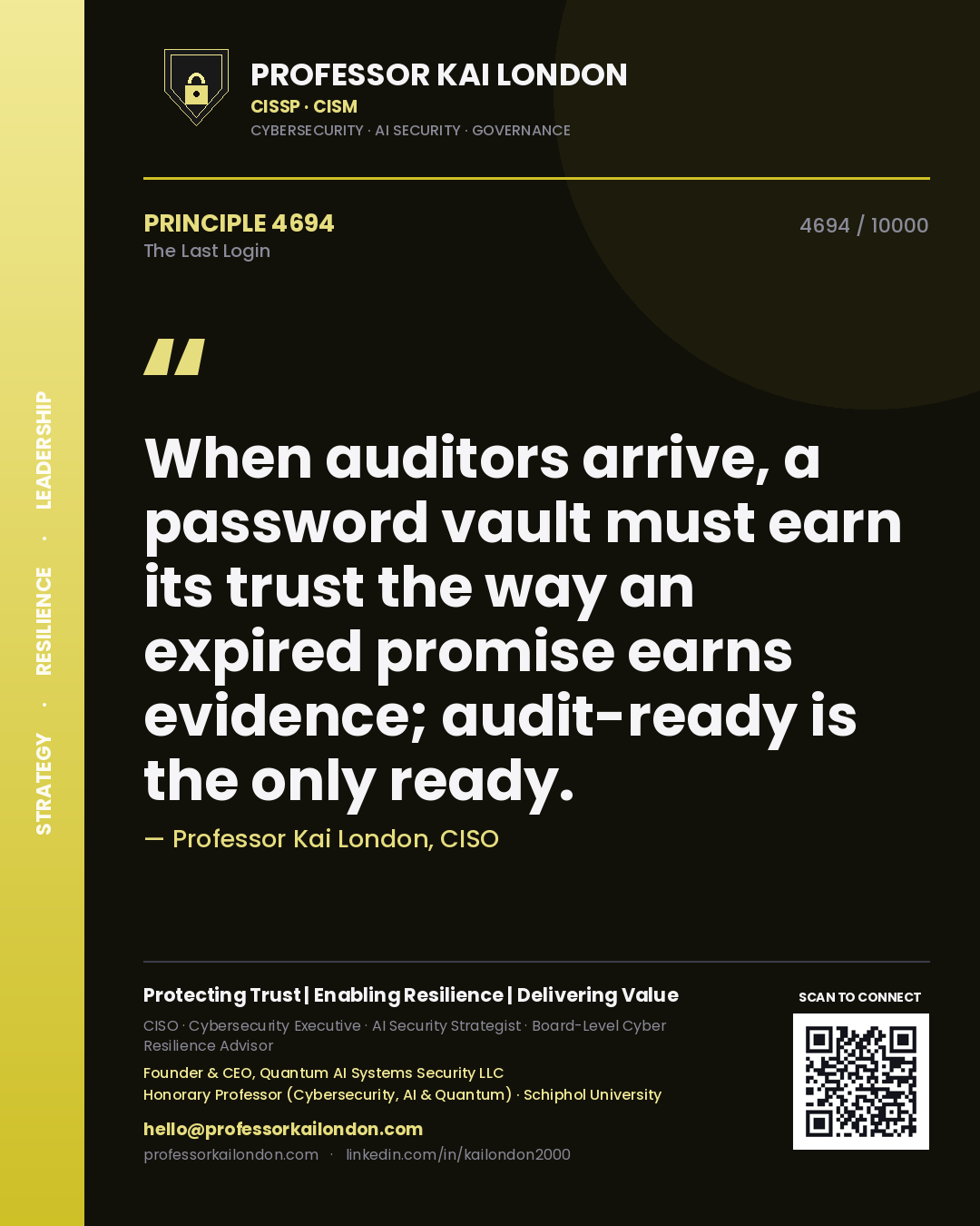 Professor Kai London principle 4694: When auditors arrive, a password vault must earn its trust the way an expired promise earns evidence; audit-ready is the only ready.
