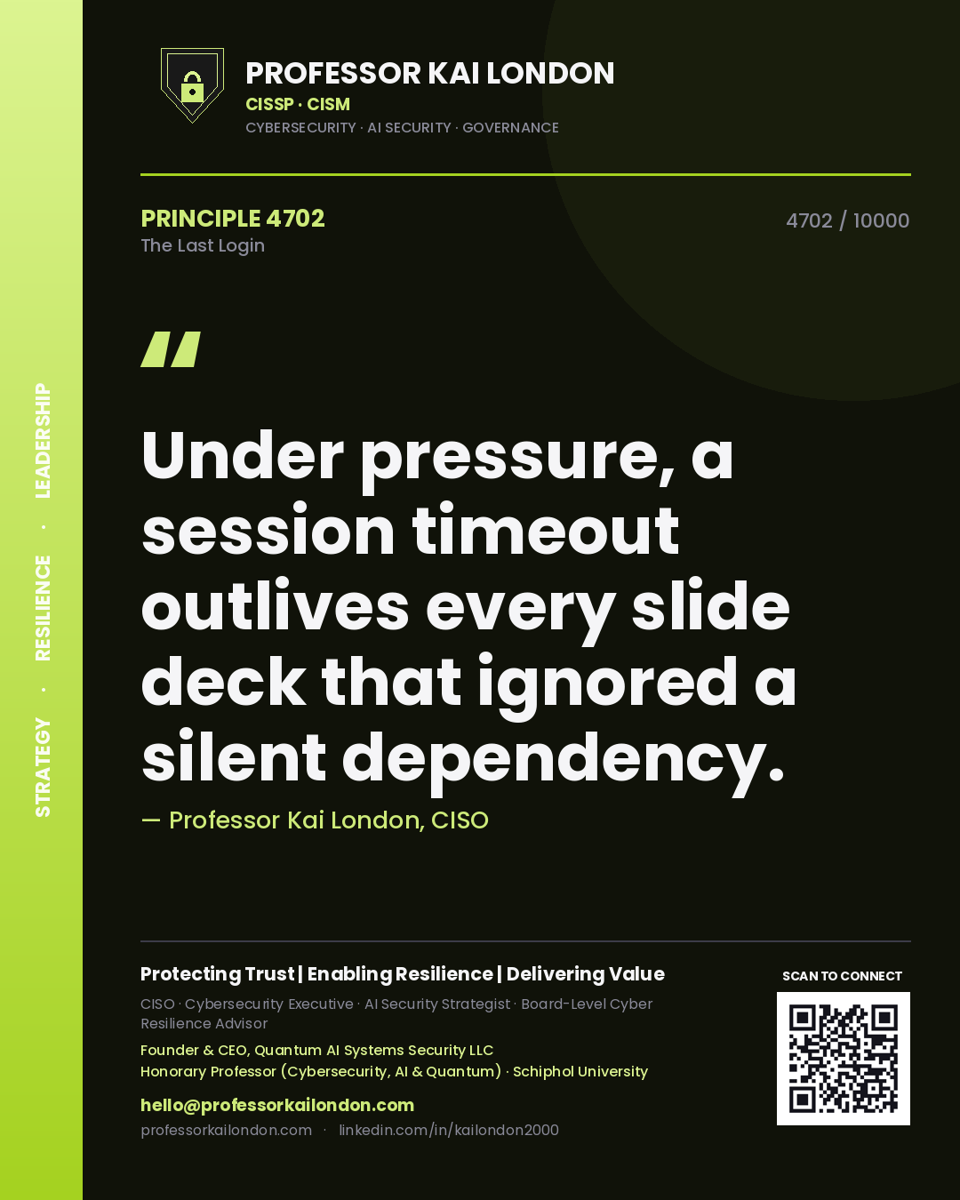 Professor Kai London principle 4702: Under pressure, a session timeout outlives every slide deck that ignored a silent dependency.
