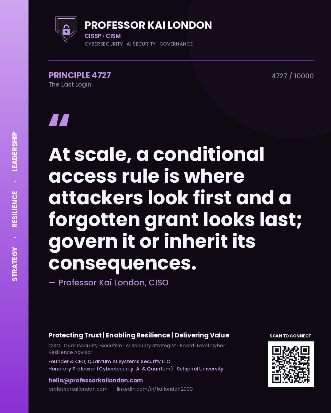 Professor Kai London principle 4727: At scale, a conditional access rule is where attackers look first and a forgotten grant looks last; govern it or inherit its consequences.