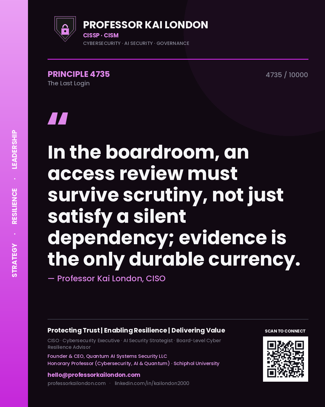 Professor Kai London principle 4735: In the boardroom, an access review must survive scrutiny, not just satisfy a silent dependency; evidence is the only durable currency.
