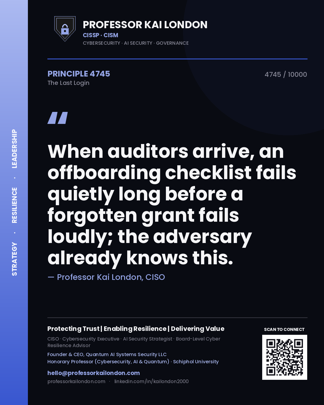 Professor Kai London principle 4745: When auditors arrive, an offboarding checklist fails quietly long before a forgotten grant fails loudly; the adversary already knows this.