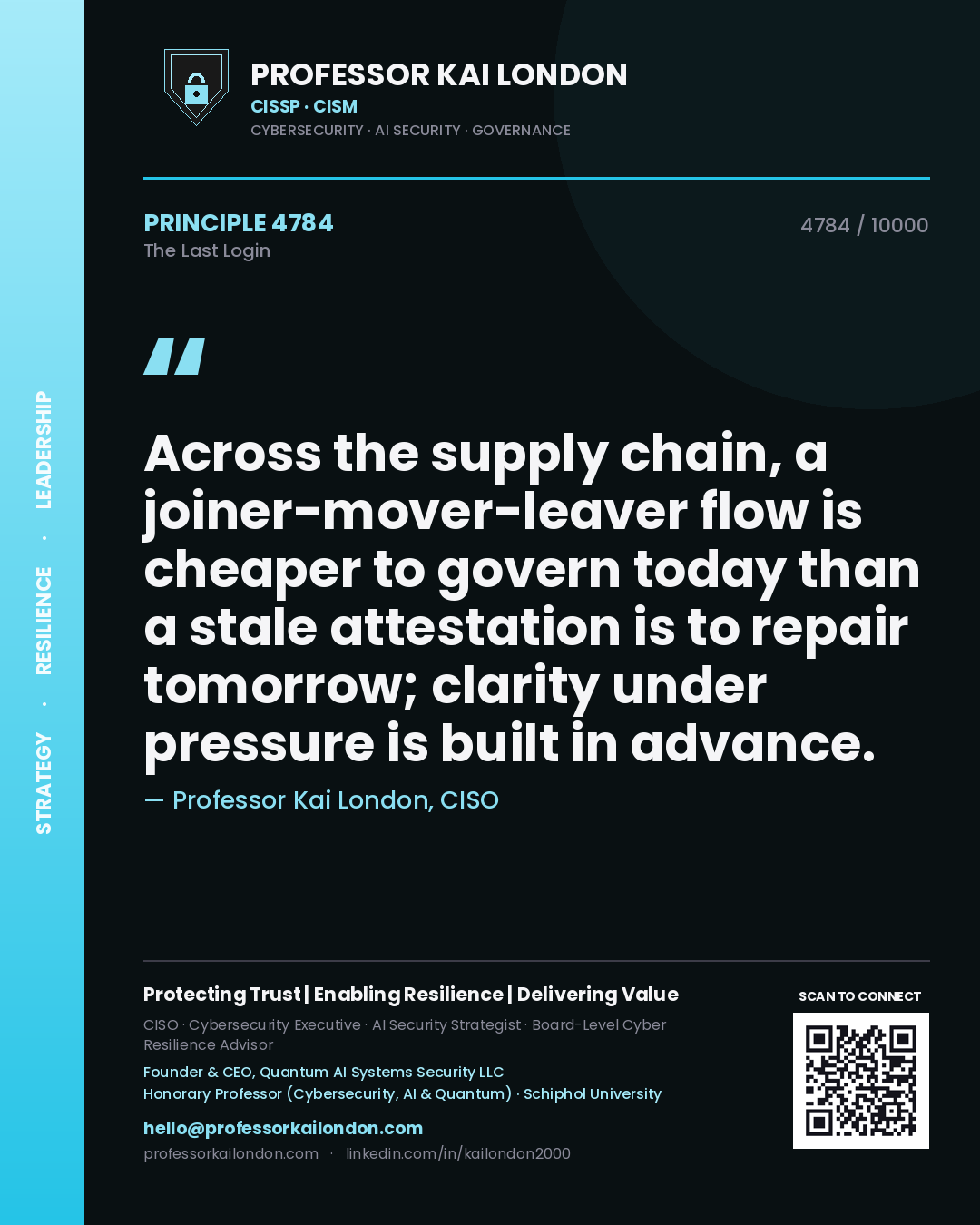 Professor Kai London principle 4784: Across the supply chain, a joiner-mover-leaver flow is cheaper to govern today than a stale attestation is to repair tomorrow; clarity under pressure is built in advance.