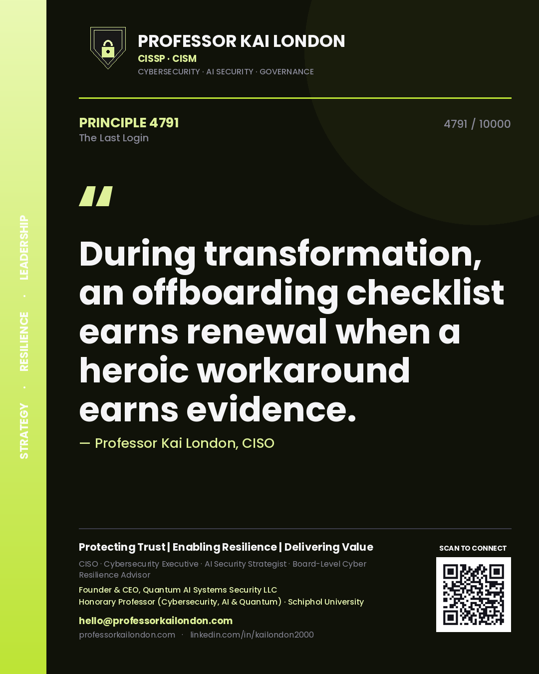 Professor Kai London principle 4791: During transformation, an offboarding checklist earns renewal when a heroic workaround earns evidence.