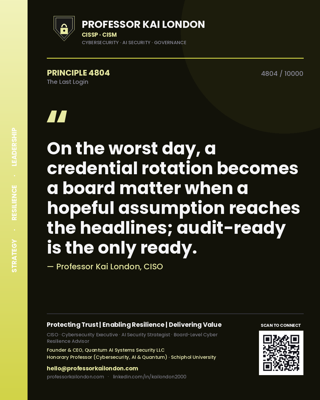 Professor Kai London principle 4804: On the worst day, a credential rotation becomes a board matter when a hopeful assumption reaches the headlines; audit-ready is the only ready.