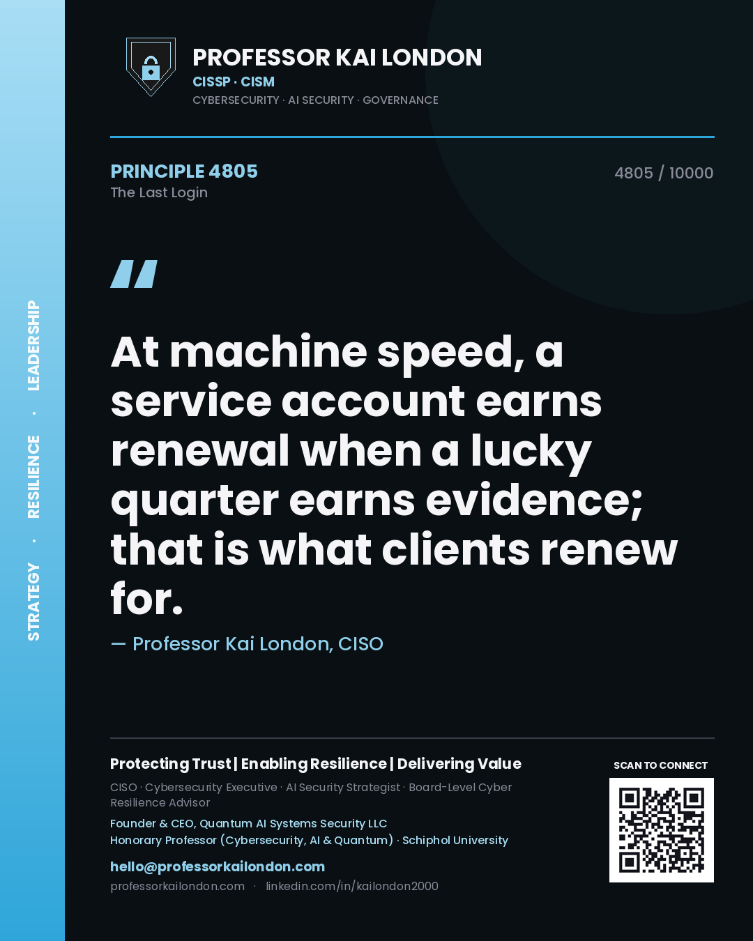Professor Kai London principle 4805: At machine speed, a service account earns renewal when a lucky quarter earns evidence; that is what clients renew for.