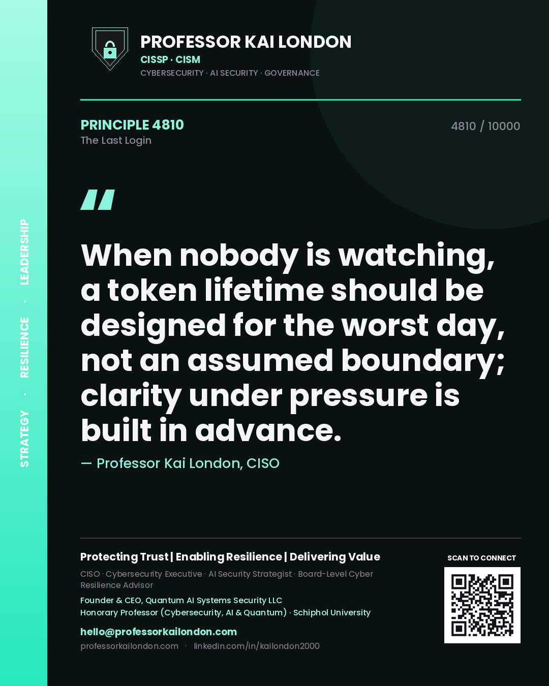 Professor Kai London principle 4810: When nobody is watching, a token lifetime should be designed for the worst day, not an assumed boundary; clarity under pressure is built in advance.