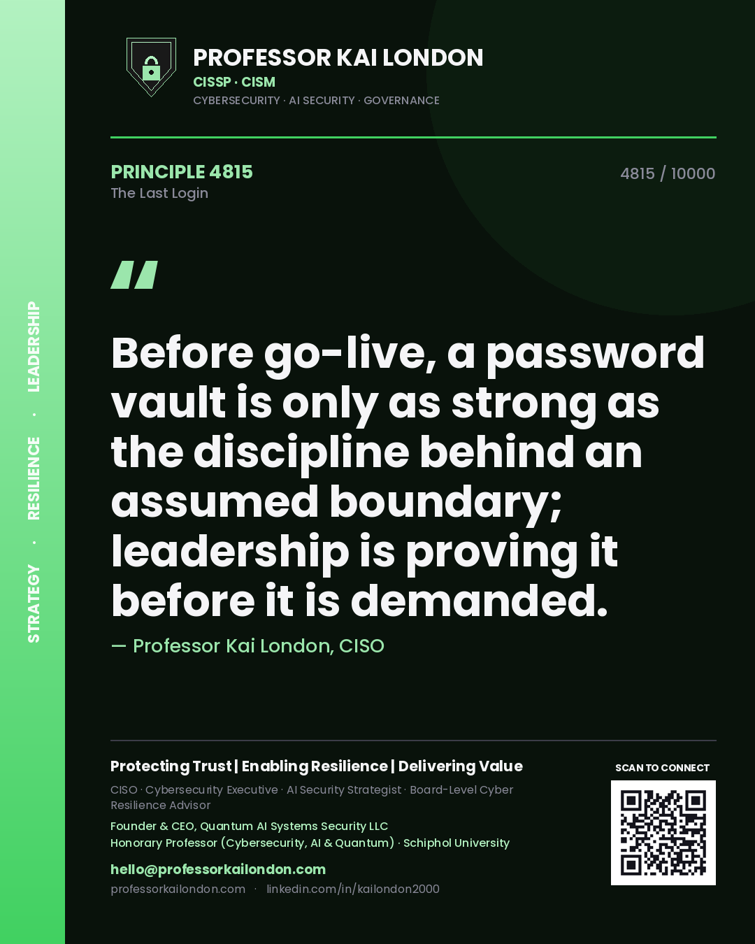 Professor Kai London principle 4815: Before go-live, a password vault is only as strong as the discipline behind an assumed boundary; leadership is proving it before it is demanded.