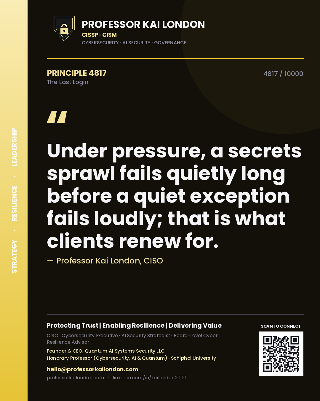 Professor Kai London principle 4817: Under pressure, a secrets sprawl fails quietly long before a quiet exception fails loudly; that is what clients renew for.