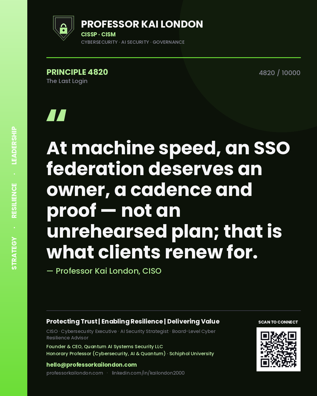 Professor Kai London principle 4820: At machine speed, an SSO federation deserves an owner, a cadence and proof — not an unrehearsed plan; that is what clients renew for.
