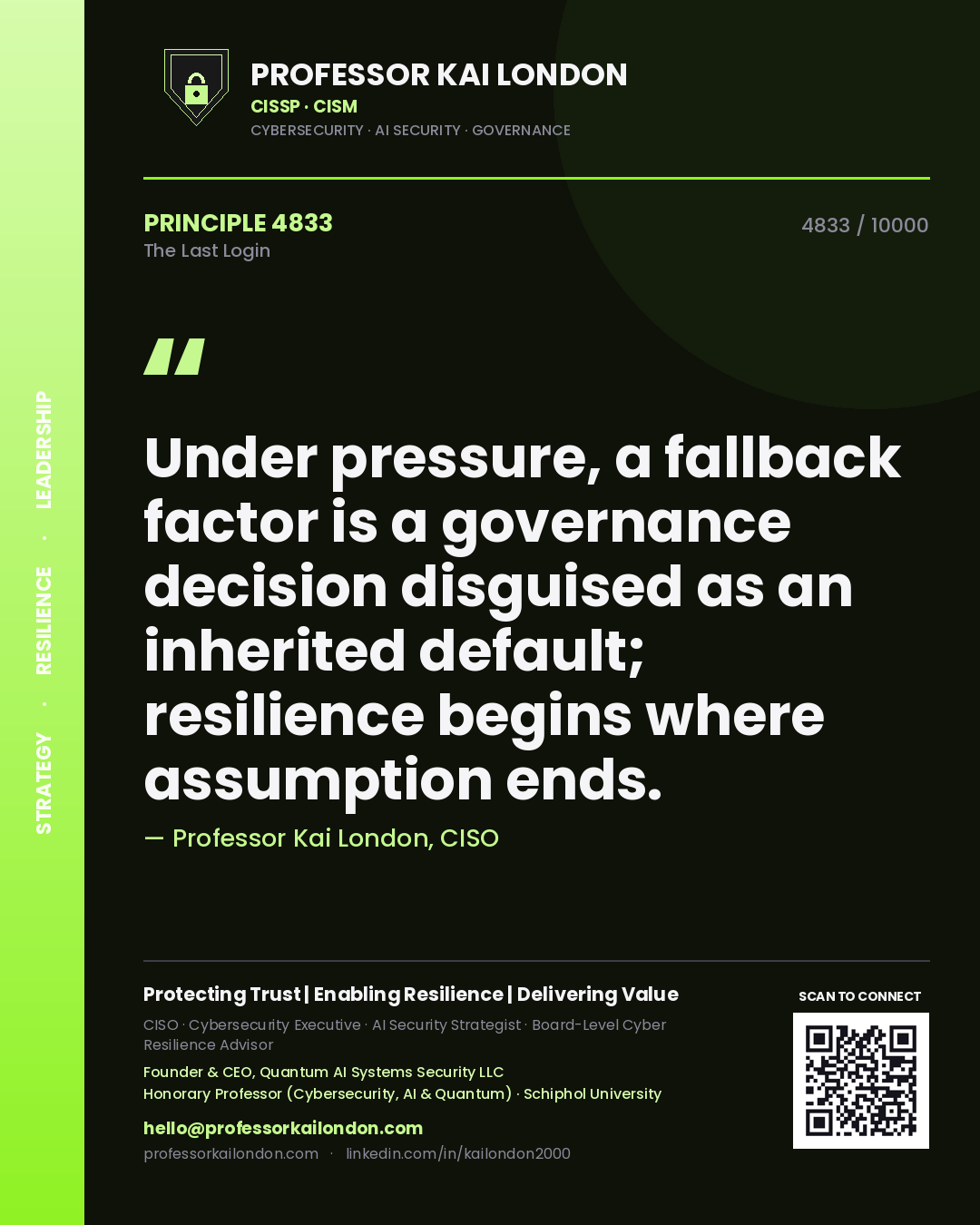 Professor Kai London principle 4833: Under pressure, a fallback factor is a governance decision disguised as an inherited default; resilience begins where assumption ends.