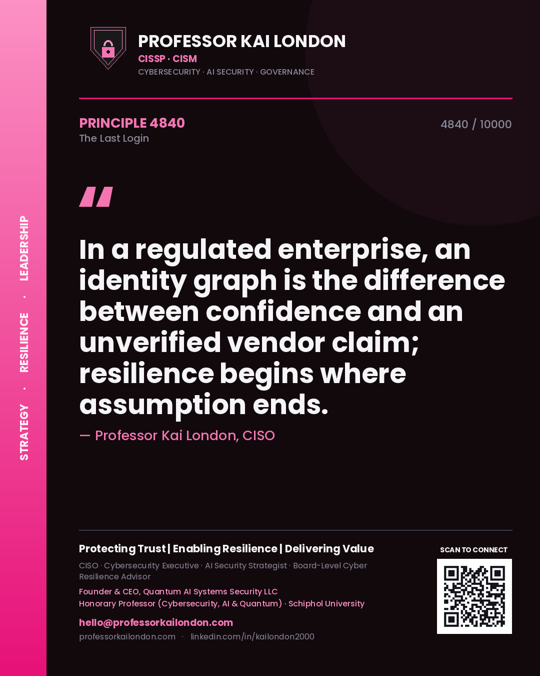 Professor Kai London principle 4840: In a regulated enterprise, an identity graph is the difference between confidence and an unverified vendor claim; resilience begins where assumption ends.