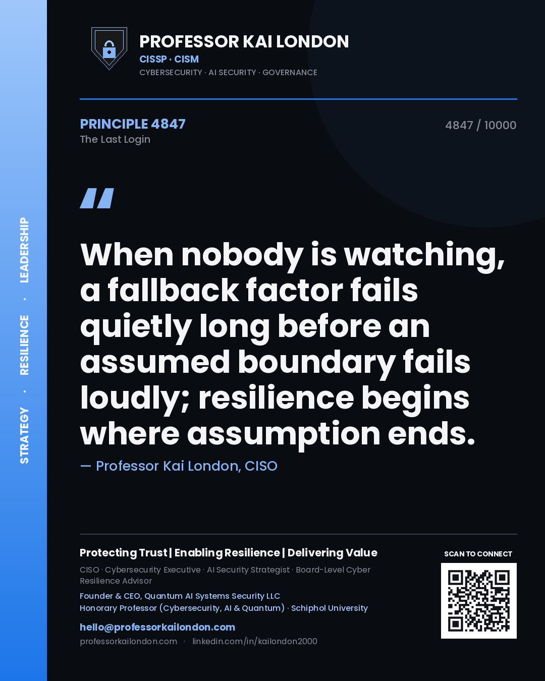 Professor Kai London principle 4847: When nobody is watching, a fallback factor fails quietly long before an assumed boundary fails loudly; resilience begins where assumption ends.