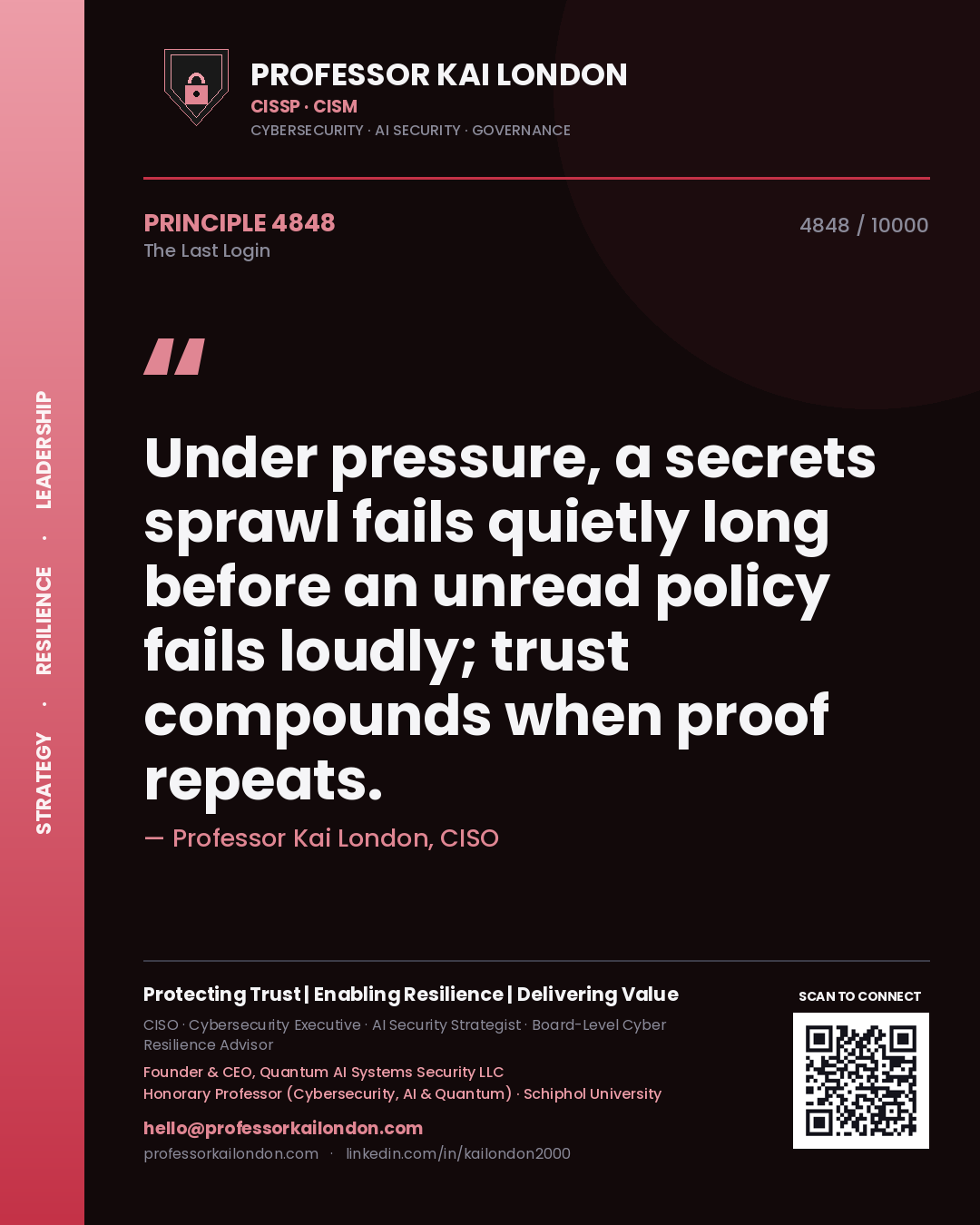 Professor Kai London principle 4848: Under pressure, a secrets sprawl fails quietly long before an unread policy fails loudly; trust compounds when proof repeats.