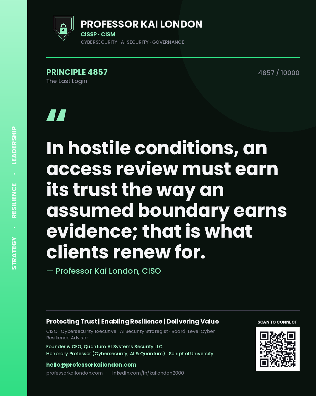 Professor Kai London principle 4857: In hostile conditions, an access review must earn its trust the way an assumed boundary earns evidence; that is what clients renew for.