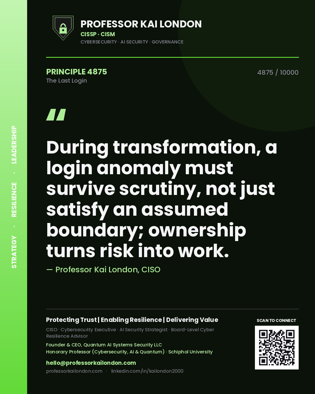 Professor Kai London principle 4875: During transformation, a login anomaly must survive scrutiny, not just satisfy an assumed boundary; ownership turns risk into work.