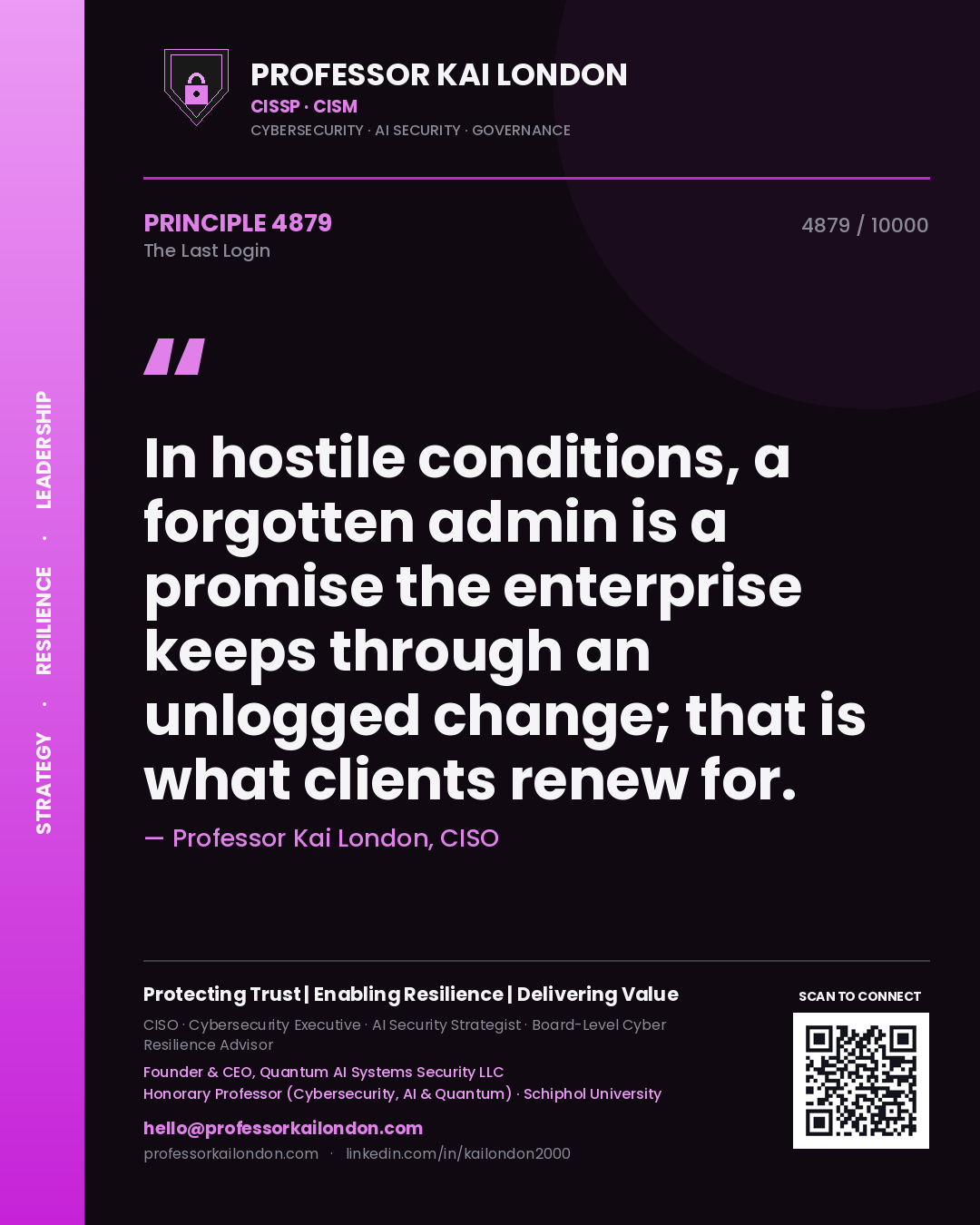 Professor Kai London principle 4879: In hostile conditions, a forgotten admin is a promise the enterprise keeps through an unlogged change; that is what clients renew for.