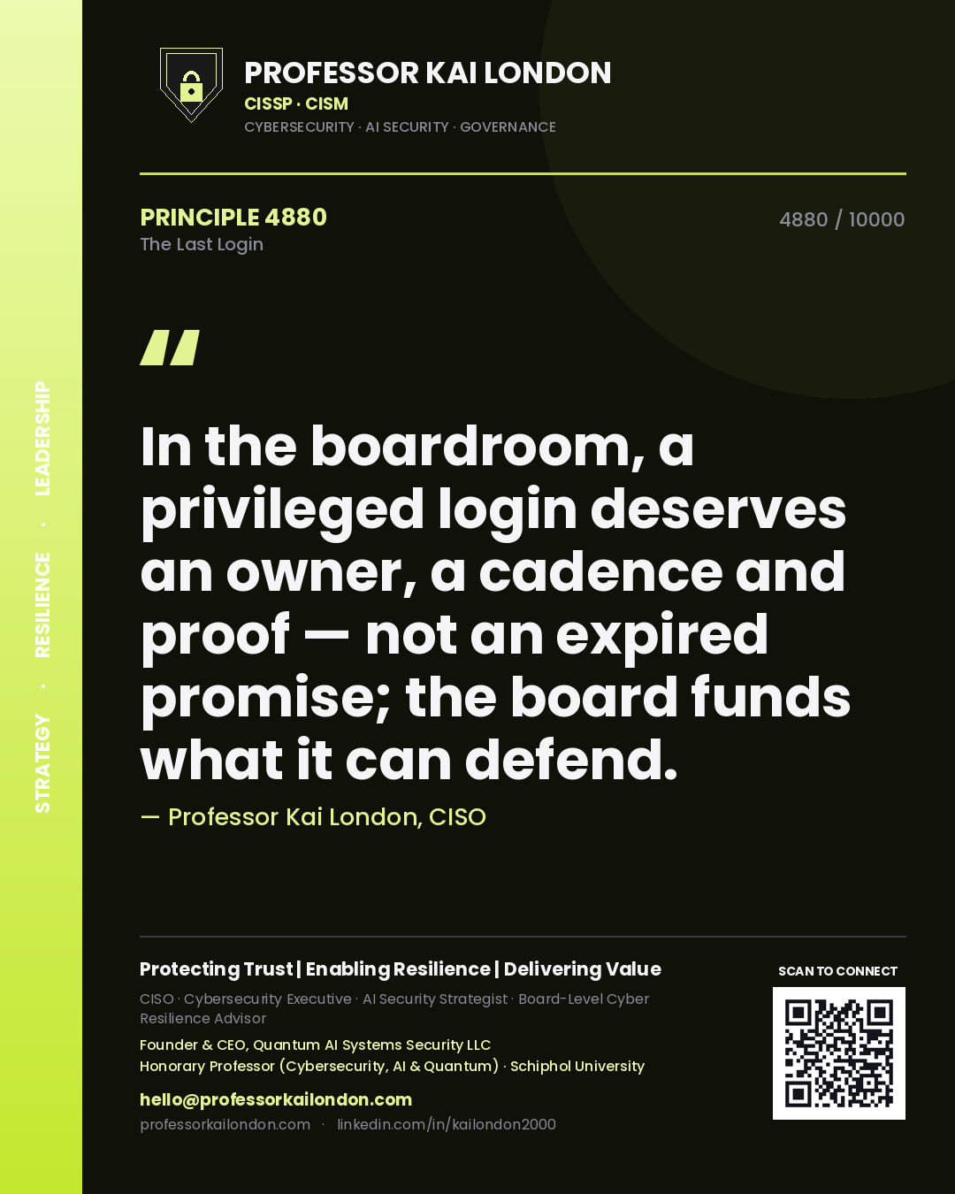 Professor Kai London principle 4880: In the boardroom, a privileged login deserves an owner, a cadence and proof — not an expired promise; the board funds what it can defend.