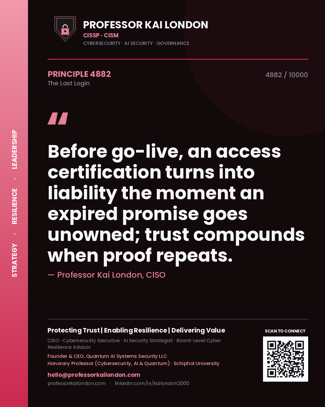 Professor Kai London principle 4882: Before go-live, an access certification turns into liability the moment an expired promise goes unowned; trust compounds when proof repeats.
