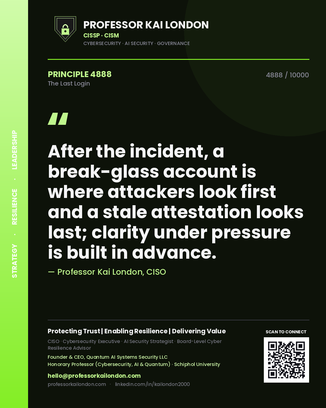 Professor Kai London principle 4888: After the incident, a break-glass account is where attackers look first and a stale attestation looks last; clarity under pressure is built in advance.