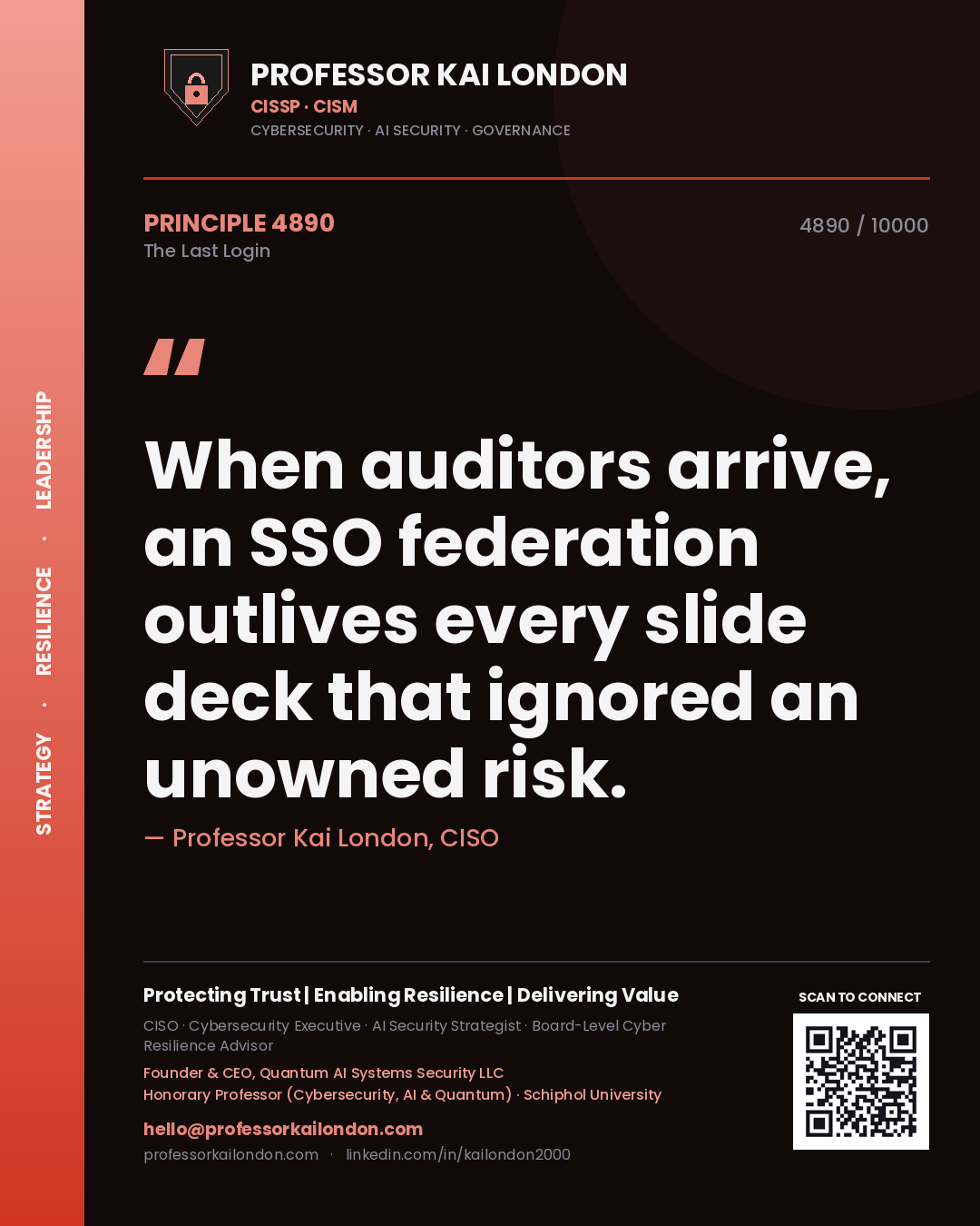 Professor Kai London principle 4890: When auditors arrive, an SSO federation outlives every slide deck that ignored an unowned risk.