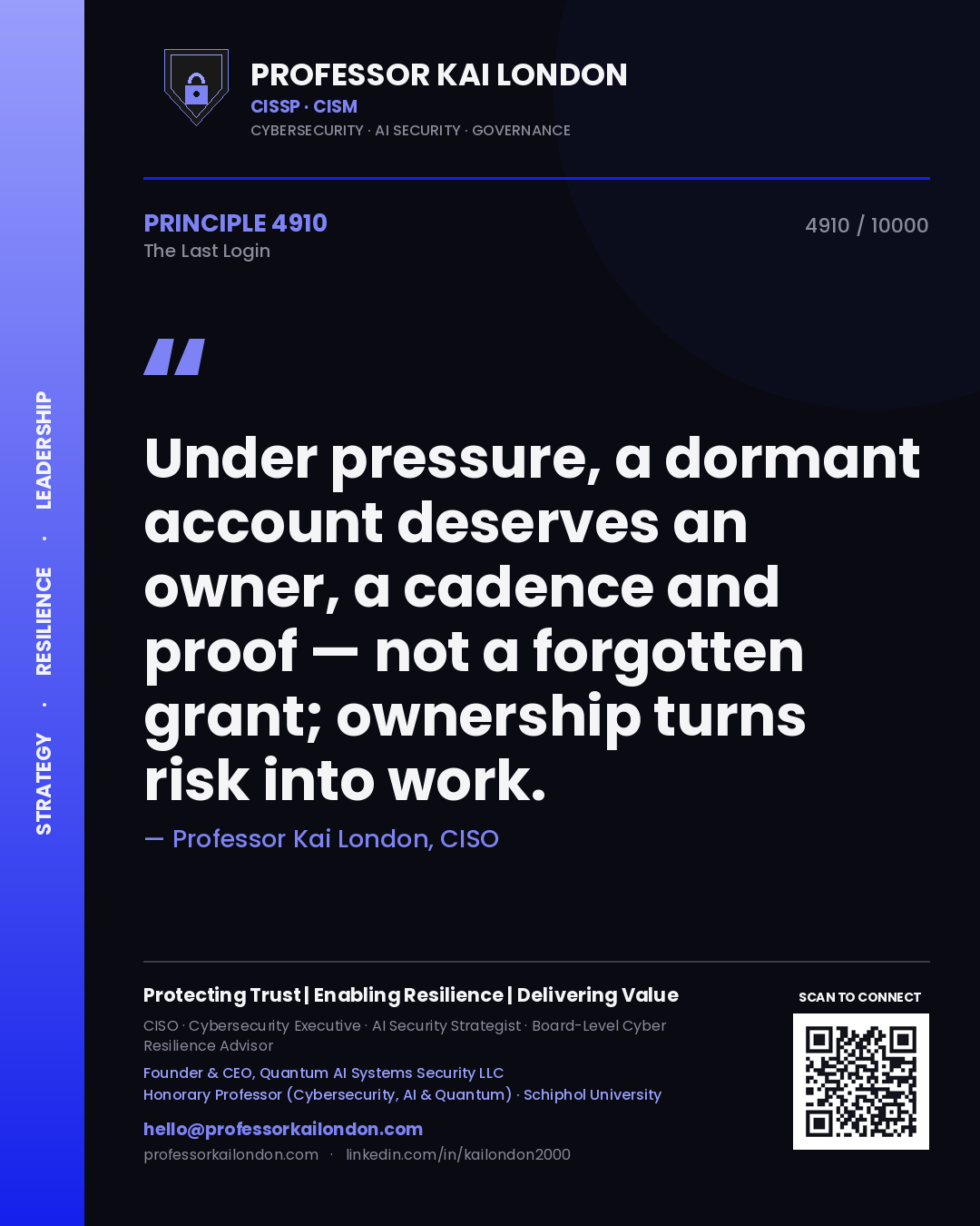 Professor Kai London principle 4910: Under pressure, a dormant account deserves an owner, a cadence and proof — not a forgotten grant; ownership turns risk into work.