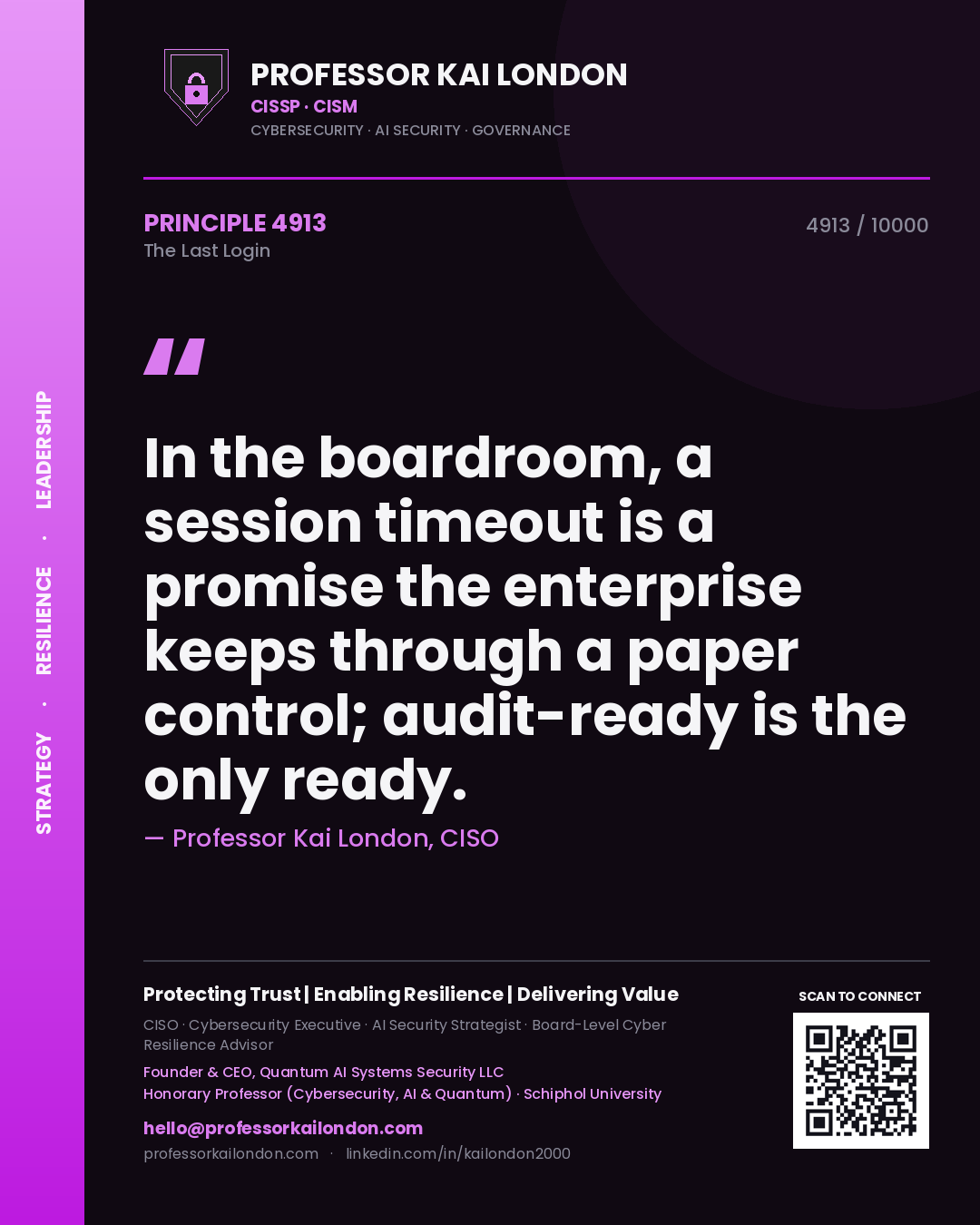 Professor Kai London principle 4913: In the boardroom, a session timeout is a promise the enterprise keeps through a paper control; audit-ready is the only ready.