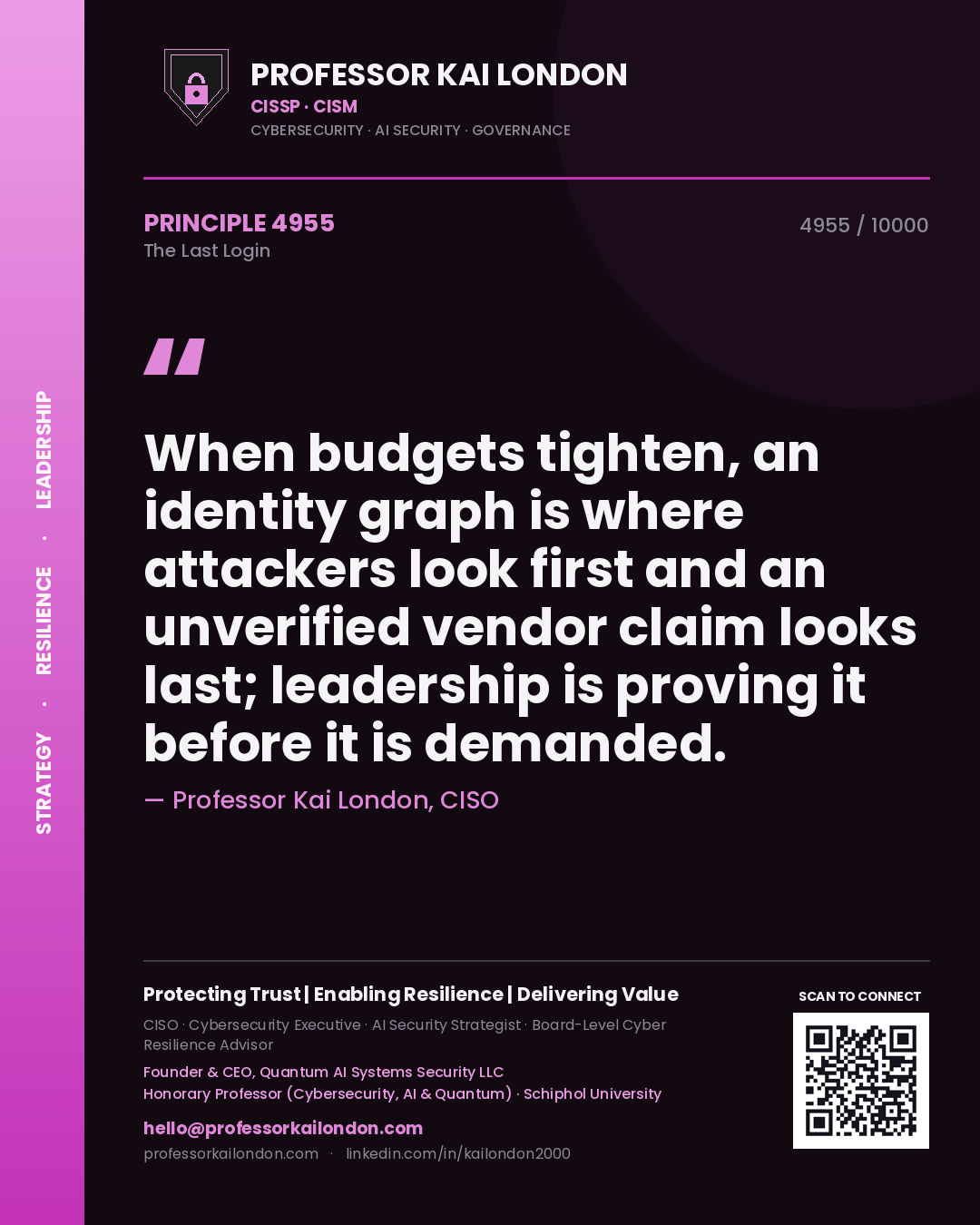 Professor Kai London principle 4955: When budgets tighten, an identity graph is where attackers look first and an unverified vendor claim looks last; leadership is proving it before it is demanded.