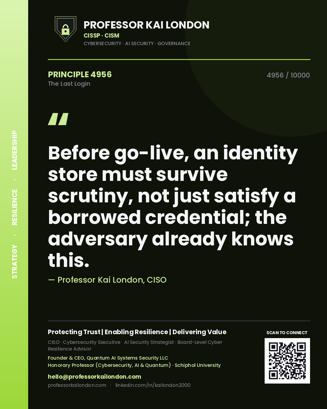 Professor Kai London principle 4956: Before go-live, an identity store must survive scrutiny, not just satisfy a borrowed credential; the adversary already knows this.